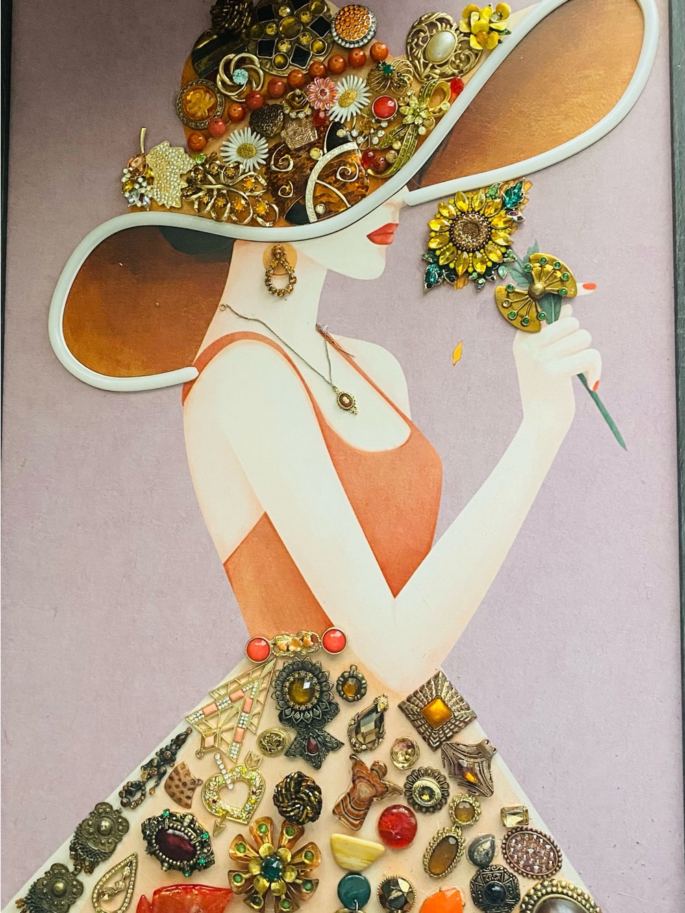 Original Coral Sunhat & Brooch Art with Vintage Jewelry